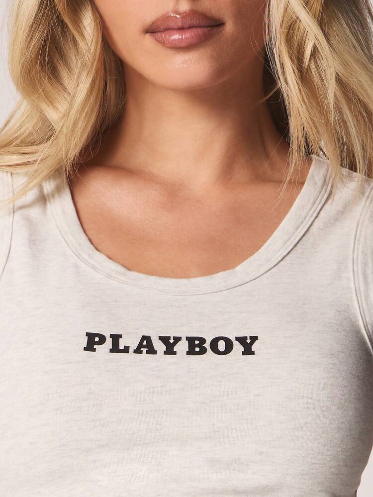 Missguided x Playboy Fitted Tank Top With Chest Text Print Scoop Neckline Casual Summer Everyday Essentials