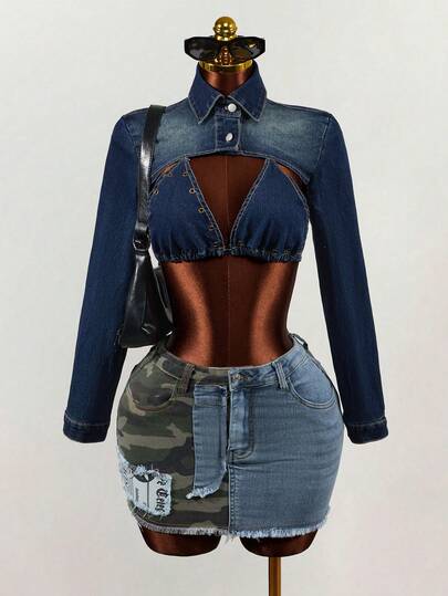 Mistrie Women's Turndown Collar Button Cropped Fashionable Versatile Date Casual Denim Long Sleeve Top