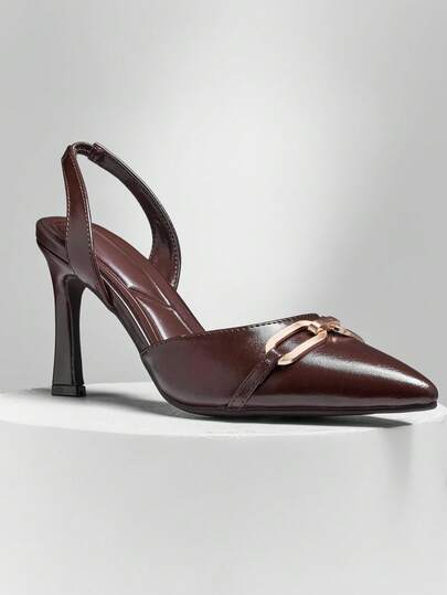 SHUZIA #EliteChic Women's Sculpted Mid Heel Pointed-Toe Metal Buckle Glossy Coffee Slingback Pumps– Luxe Shine, Elegant Fit & All-Occasion Style