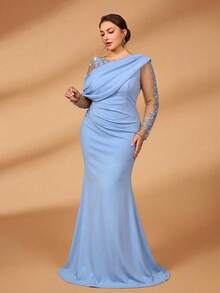 Serin Đầm dáng xòe đuôi cá, màu xanh dương sang trọng, thanh lịch, chất liệu vải dệt kim co giãn, phối lưới tương phản, kiểu dáng bất đối xứng, có bèo nhún, phù hợp cho tiệc tối, hẹn hò, dạ hội, kỳ nghỉ, đám cưới, hoặc làm đầm cho mẹ cô dâu. - Màu xanh lam - Xem 4