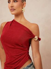 Lumalex Metal Decor Asymmetrical Twist Ruched Bodycon Top For Women - Red - View 7