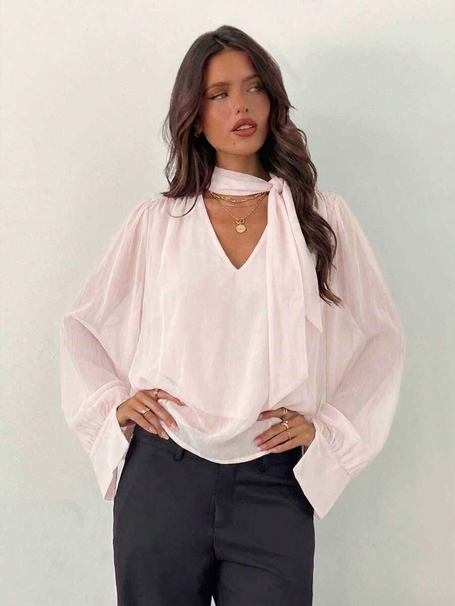 Aloruh Women's Elegant Commuter Chiffon Deep V-Neck Tie Long Sleeve Blouse - Baby Pink - View 1