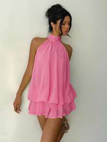 Aloruh Women's Elegant Light Yellow Halter Tie Mini Dress - Coral Pink - View 7