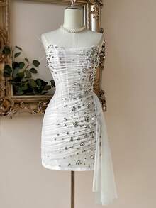 Lovelzi Elegant Luxurious White Mesh Strapless Bodice With Boning, Asymmetric Waistline, Draped Ruffle Skirt, Suitable For Dates, Vacations, Singles Parties, Weddings, Afternoon Tea, Bridal Shower Dress - White - View 3