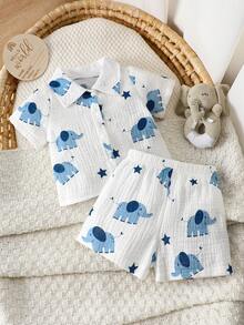 SHEIN 新生儿套装：100%纯棉卡通大象星星印花衬衫领短袖上衣+短裤两件套，轻薄柔软面料，适合0-1岁男宝宝，夏季款 - 藍白色 - 查看 4