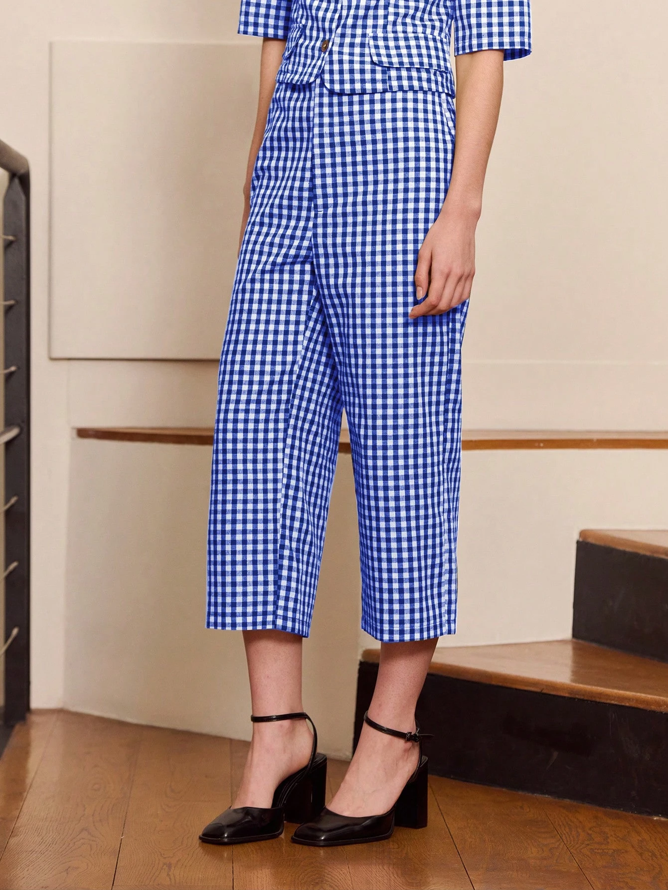 Pantalon ample à jambes larges à carreaux verts, style vintage mignon