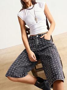 Bohemela 女士铆钉口袋七分牛仔裤 - 黑色 - 查看 1