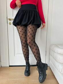 SHEIN CURVE+ 大码女式爱心网眼打底裤 - 黑色 - 查看 2