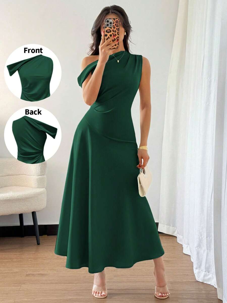 SHEIN Elenzya Women's Elegant Chiffon Asymmetric Ruffle Collar Dress, Fashionable And Graceful For Summer Occasions Like Graduation, Independence Day, Date, Vacation - Dark Green - View 1