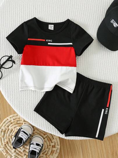 SHEIN Bộ 2 món áo thun ngắn tay và quần short phối màu phong cách thường ngày cho bé trai, trang phục bé trai, thời trang đường phố, mùa xuân/hè.