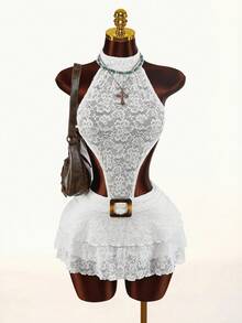 Amplova Romantic Retro High Neck Halter Backless Umbrella A-Line Mini Dress For Women - White - View 4