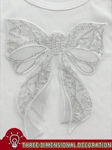 SHEIN Áo ba lỗ cổ tròn thường ngày đính nơ sequin cho nữ - trắng - Xem 4