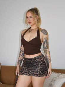 Arliah Leopard Print Patchwork Sequin Embellished Summer Party Mini Skirt Y2K Outfit  For Holiday Party Clothes - Multicolor - View 6