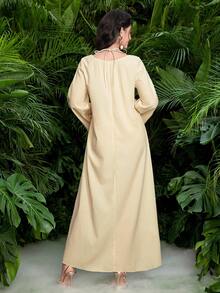 Yasmyna Women's Yellow Woven Placement Print Long Sleeve Halter Neck Floral Elegant Romantic Turkish & Arabic Traditional Maxi Dress, Spring/Summer - Yellow - View 2