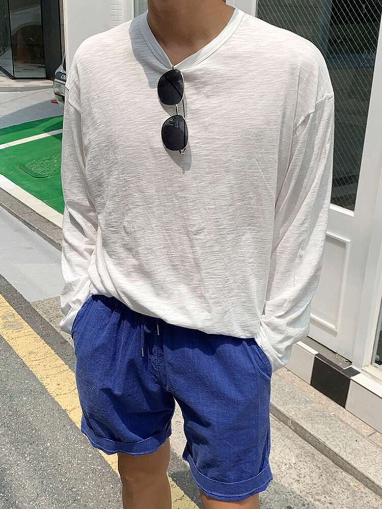 Men's White Long Sleeve T-Shirt And Shorts Set, Spring/Summer