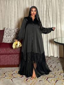 Maweii Plus Size Women Casual Vacation Daily Cardigan With Button, Ruffle Hem & Mesh Patchwork, Loose & Comfortable A-Line Dress - Black - View 3