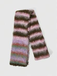 ROMWE Kawaii 韩国设计师撞色条纹针织围巾，保暖条纹羊绒围巾，小众精致柔软针织围脖，时尚街头风女士围巾，秋冬连衣裙搭配 - 彩色 - 查看 13