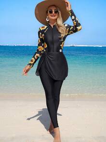 Swim Mulvari Set de 3 piezas de traje de baño burkini elegante para damas con mono de manga larga sólido y estampado de girasol, leggings y minifalda para primavera/verano - Negro - Ver 3