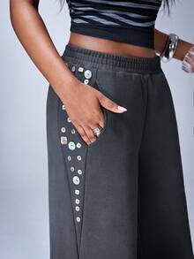 Y2Kool Y2K Chic Loose Fit Women's Sweatpants With Metallic Sheen Shell Button Decor, Suitable For Casual, Party, Holiday, Daily Wear, Spring/Summer - Grey - View 6