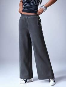Y2Kool Y2K Chic Loose Fit Women's Sweatpants With Metallic Sheen Shell Button Decor, Suitable For Casual, Party, Holiday, Daily Wear, Spring/Summer - Grey - View 7