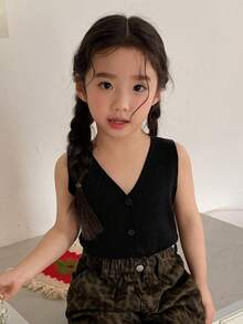 Dazy Kids 女童纯色V领单排扣休闲背心（夏季款） - 黑色 - 查看 7