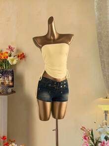 Attitoon Women's Casual Drawstring Tie-Front Cropped Camisole Top - Light Yellow - View 5