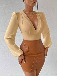 BamGleam Áo kiểu dáng thanh lịch, ôm sát, cổ chữ V, tay phồng, màu trơn. - Màu Khaki - Xem 6