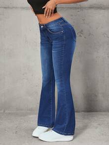 SHEIN Tall Tall Waist Fashion Washed Elastic Skinny Flare Jeans - Dark Wash - View 3