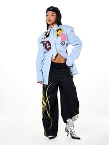 SUMWON WOMEN Vestido mini de manga larga con botones, cuello y parches de estilo universitario, con detalle de cintura ceñida - Azul - Ver 3