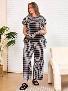 EMERY ROSE Conjunto de 2 piezas de camiseta de manga corta y pantalones a rayas para mujer de talla grande - Multicolor - Ver 5