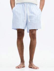 SUMWON Pantalones cortos de verano casuales de corte regular con cintura con cordón, rayas verticales y bolsillos laterales para playa, vacaciones y uso relajado - Azul y blanco - Ver 1