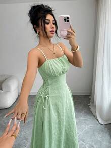 Elenzga 新款提花面料吊带侧系带设计优雅年轻女士长裙，通勤和度假皆宜 - 綠色 - 查看 5