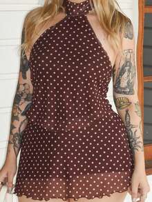 Arliah Women's Sexy Polka Dot Print Backless Mini Halter Dress, Summer,Business Casual Woman,Rave Outfits Festival,Summer Dresses For Women,Polka Dot Dress - Coffee Brown - View 3