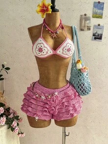 Soleia Women's Beach Vacation Casual Halter Sweater Bra & Shorts 2 Pieces Set - Pink - View 1