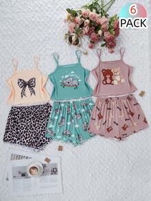 3套少女卡通蝴蝶结印花吊带背心和短裤睡衣套装 - 彩色 - 查看 1