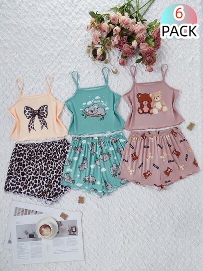 3套少女卡通蝴蝶结印花吊带背心和短裤睡衣套装