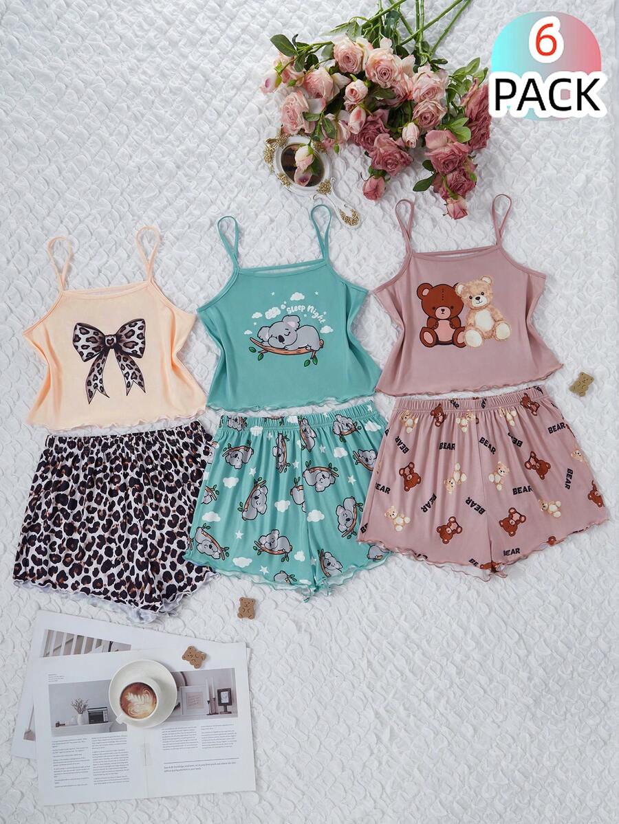 3套少女卡通蝴蝶结印花吊带背心和短裤睡衣套装 - 彩色 - 查看 1