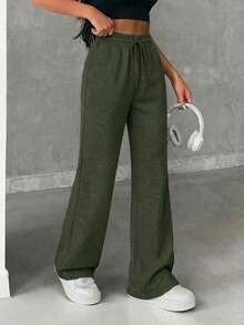 Pantalones de chándal acampanados de unicolor con cordón en la cintura para mujer - Verde militar - Ver 4