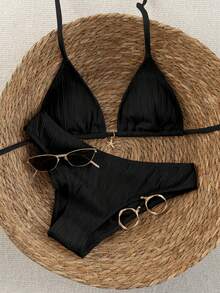 Swim Vcay 2026 Spring/Summer Women's Polka Dot Print Halter Neck Swimwear With High Cut Bottoms, 2-Piece Bikini Set Halter Bikini Bathing Suits For Women Black Bikini Set Black Textured Bikini Ribbed Bikini - Black - View 3