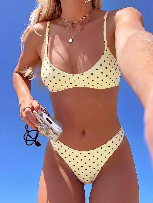 Swim Mod Elegant Vacation Bohemian Navy Blue & White Polka Dot Adjustable Strap V-Neck Sexy Bikini Set