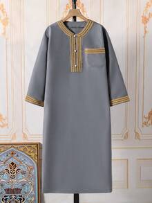 SHEIN Tween Boy Elegant Gold-Trimmed Long Robe Shirt, Spring/Summer - Grey - View 3