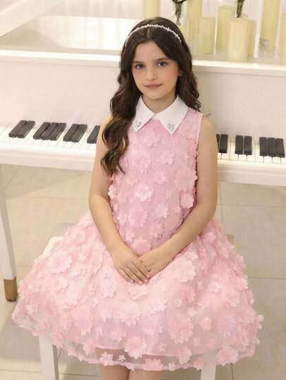 SHEIN Ung flicka vävd kontrastfärgad casualklänning