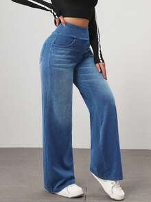 Flexra Petite Quần Jeans Ống Rộng Dáng Rộng Có Túi Lưng Thun Cho Nữ - Rửa nhẹ - Xem 5