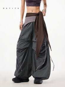 LYSMO Petite 2026  Women's Outdoor Drawstring Layered Pleated Cargo Pants - Black Y2K Street Minimalist Grunge Style, Streetwear, Avant-Garde Summer Streetwear Street Fashion Loose Fit Hiphop Pants Casual Women Outfits From Spring To Summer Baggy Pants Women - Grey - View 7