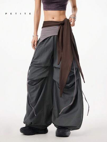 LYSMO Petite 2026  Women's Outdoor Drawstring Layered Pleated Cargo Pants - Black Y2K Street Minimalist Grunge Style, Streetwear, Avant-Garde Summer Streetwear Street Fashion Loose Fit Hiphop Pants Casual Women Outfits From Spring To Summer Baggy Pants Women