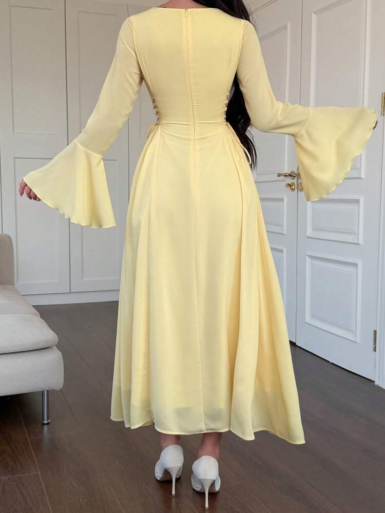 Women's Elegant Solid Light Yellow Square Neck Flare Sleeve Ruched Tie Beaded Decor Mid-Length Dress, Spring/Summer Wedding Guest Dress Maxi Dress Sundress