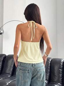 SHEIN EZwear Áo hai dây màu kem vàng trơn, buộc dây, vạt bất đối xứng, gợi cảm dành cho nữ, thích hợp cho mùa xuân/hè. - Vàng nhạt - Xem 2