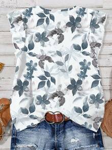 EMERY ROSE Aquarell Herbstblatt Muster Lehrer Geschenk Lässiges Minimalistisches Große Größen Shirt, geeignet für den Herbst - Graublau - Übersicht 2