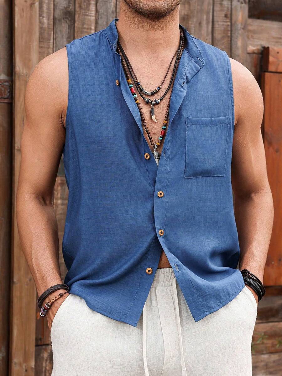 Manfinity RSRT Men's Casual Solid Color Front Button Tank Top, Summers - Blue - View 1