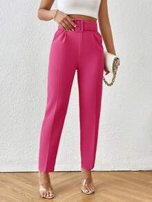 Aveloria Modichic Women's Casual Pocketed Solid Belted Tapered Pants - Hot Pink - View 3